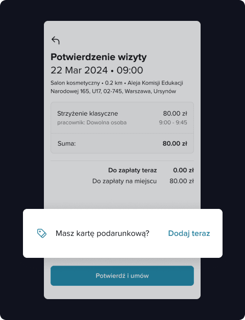 Podczas potwierdzania wizyty, kliknij w pole “Dodaj kartę” i uzupełnij numer karty