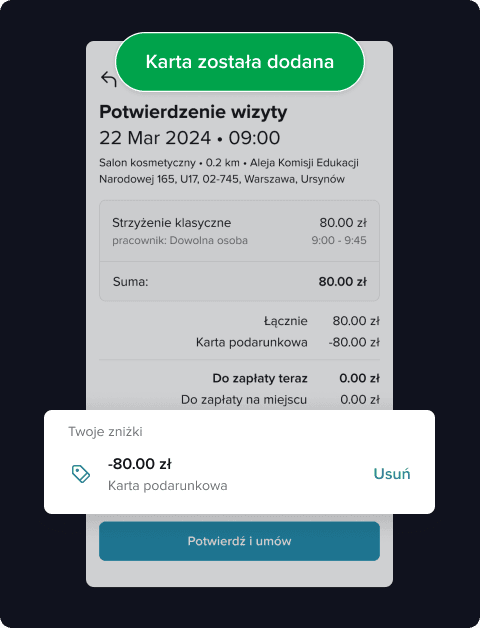 Podczas potwierdzania wizyty, kliknij w pole “Dodaj kartę” i uzupełnij numer karty